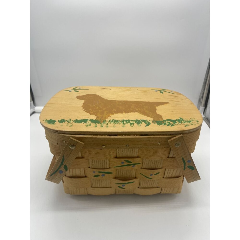 Vintage Basketville Putney VT Hand Painted Picnic Basket Golden Retriever Dog